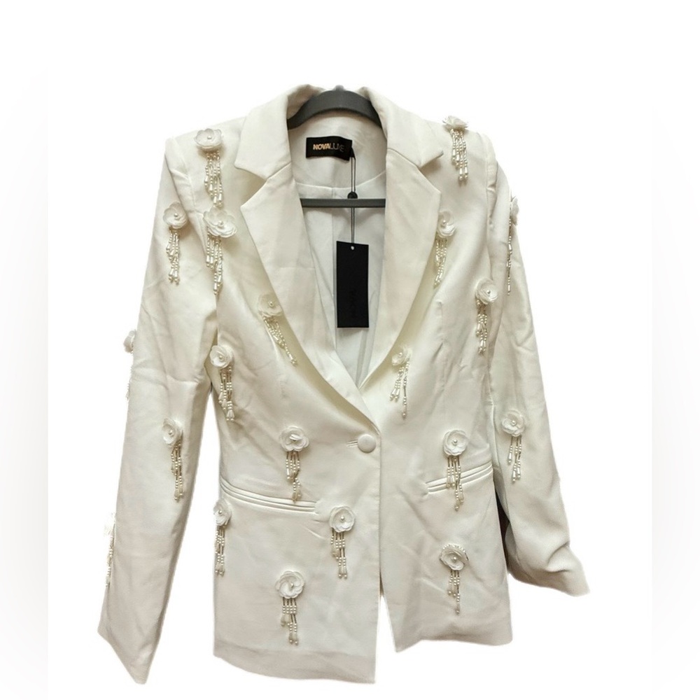 Fashion Nova Mila Floral Embellished White Blazer